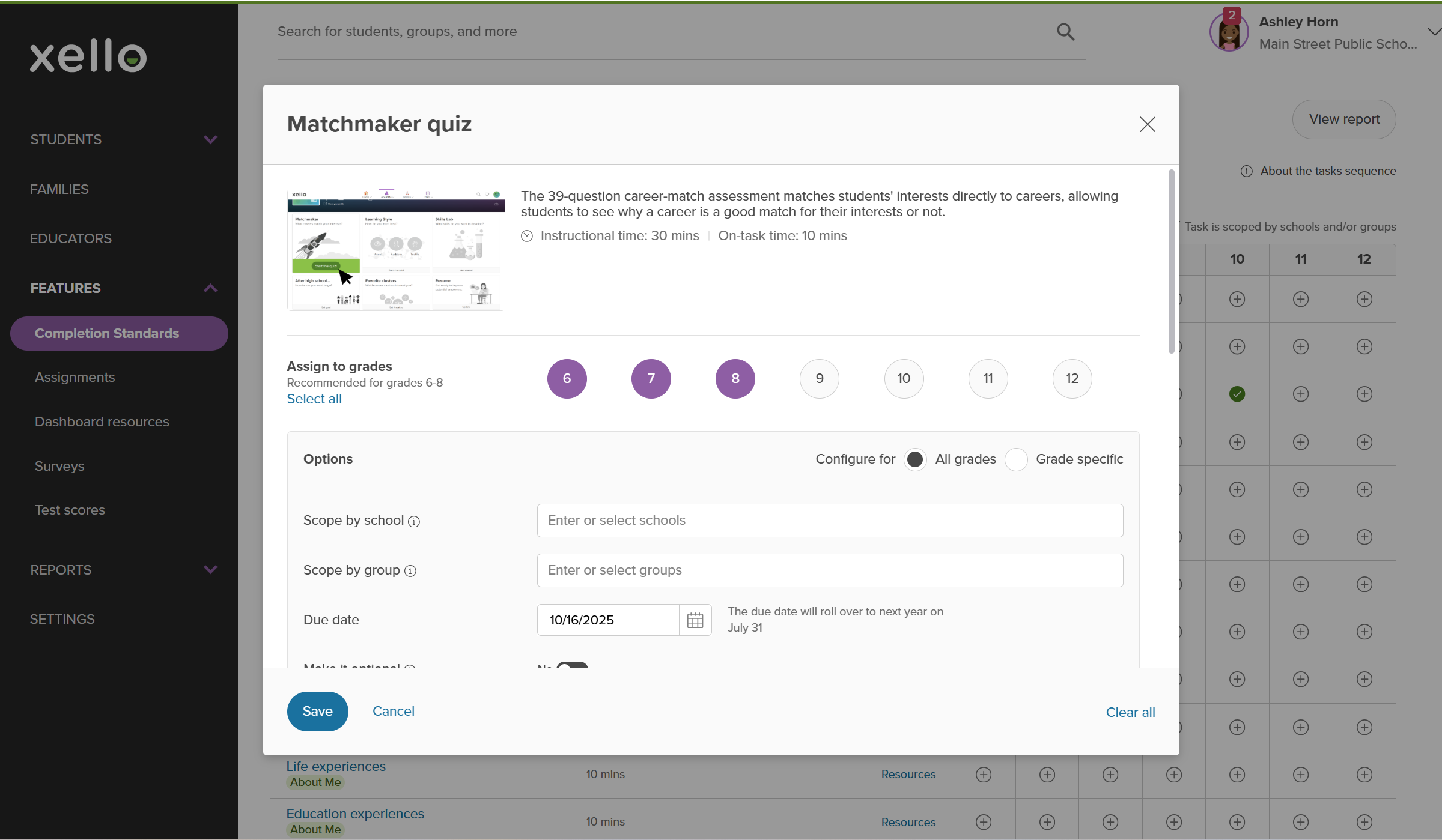 Educator account on the Completion Standards page. The Matchmaker quiz modal is open and is being assigned to multiple grades, with a due date